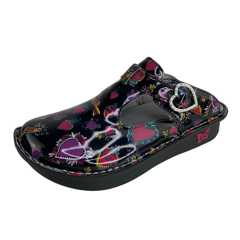 Alegria Black Classic Open Back Mule Slip On Comfort Clog in Frida Heart Pattern